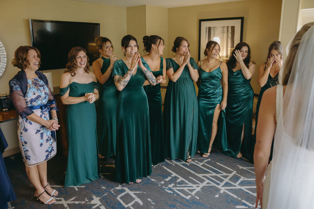 Bride and bridesmaids sharing a first look