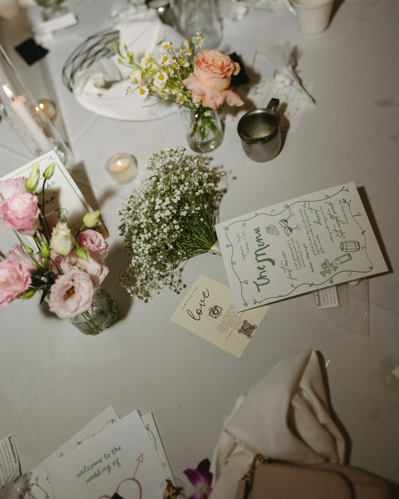 Close-up of floral centerpieces and menus on a wedding reception table