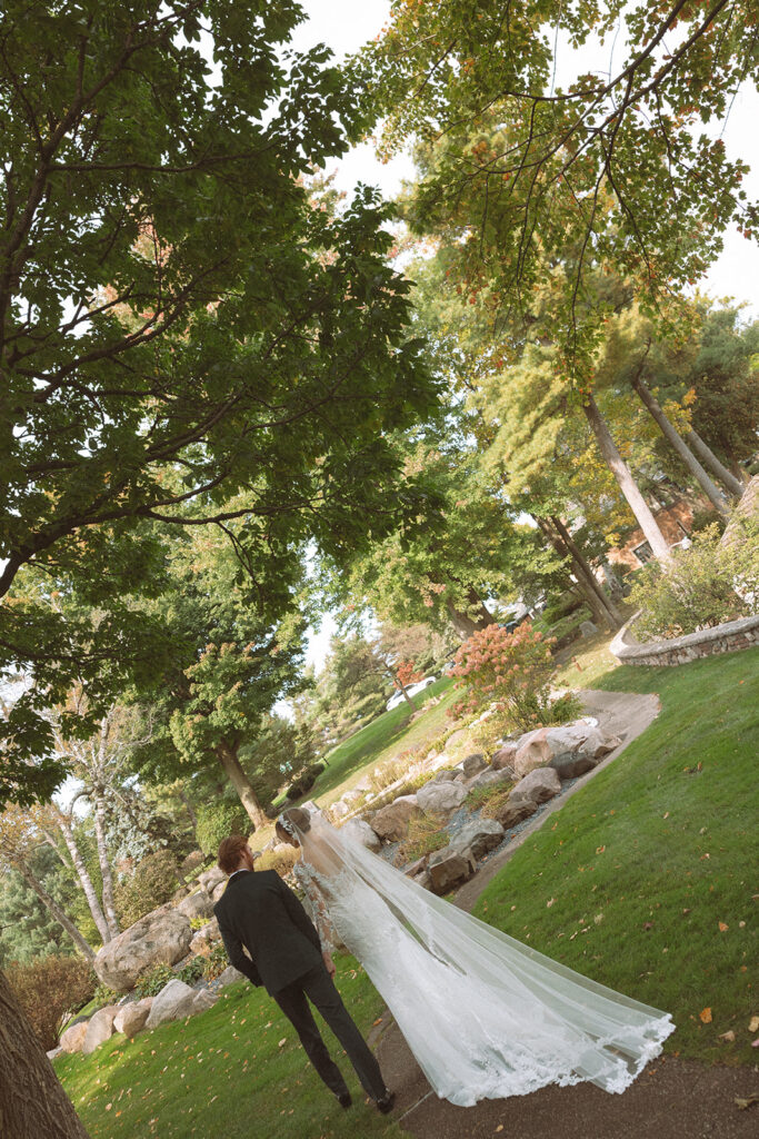 Outdoor bride and grooms portraits from a Pine Knob Mansion wedding in Clarkston, MI