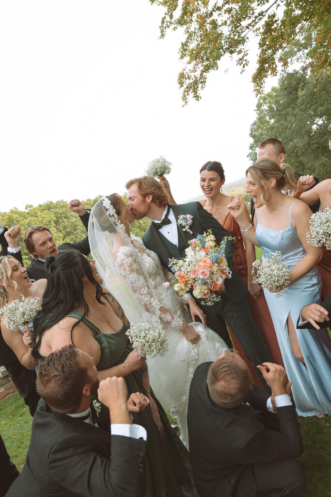 Outdoor Pine Knob Mansion wedding party photos
