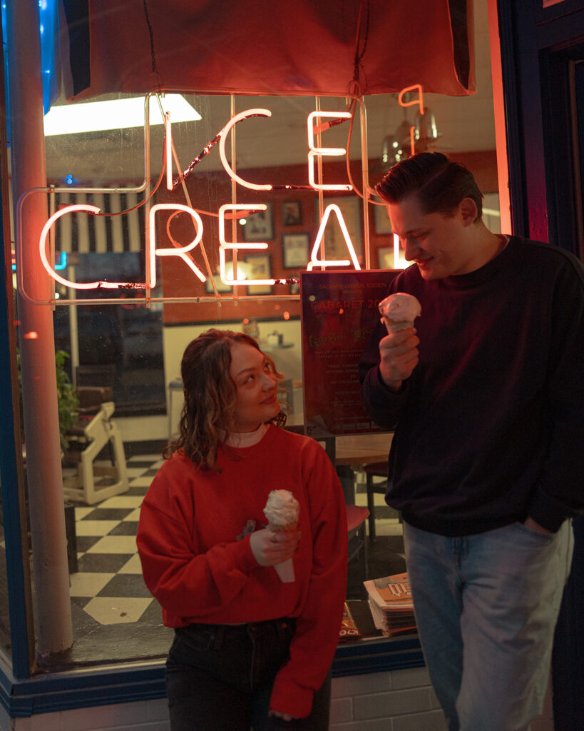 Couples ice cream shop engagement photos at Mooney's Ice Cream in Michigan
