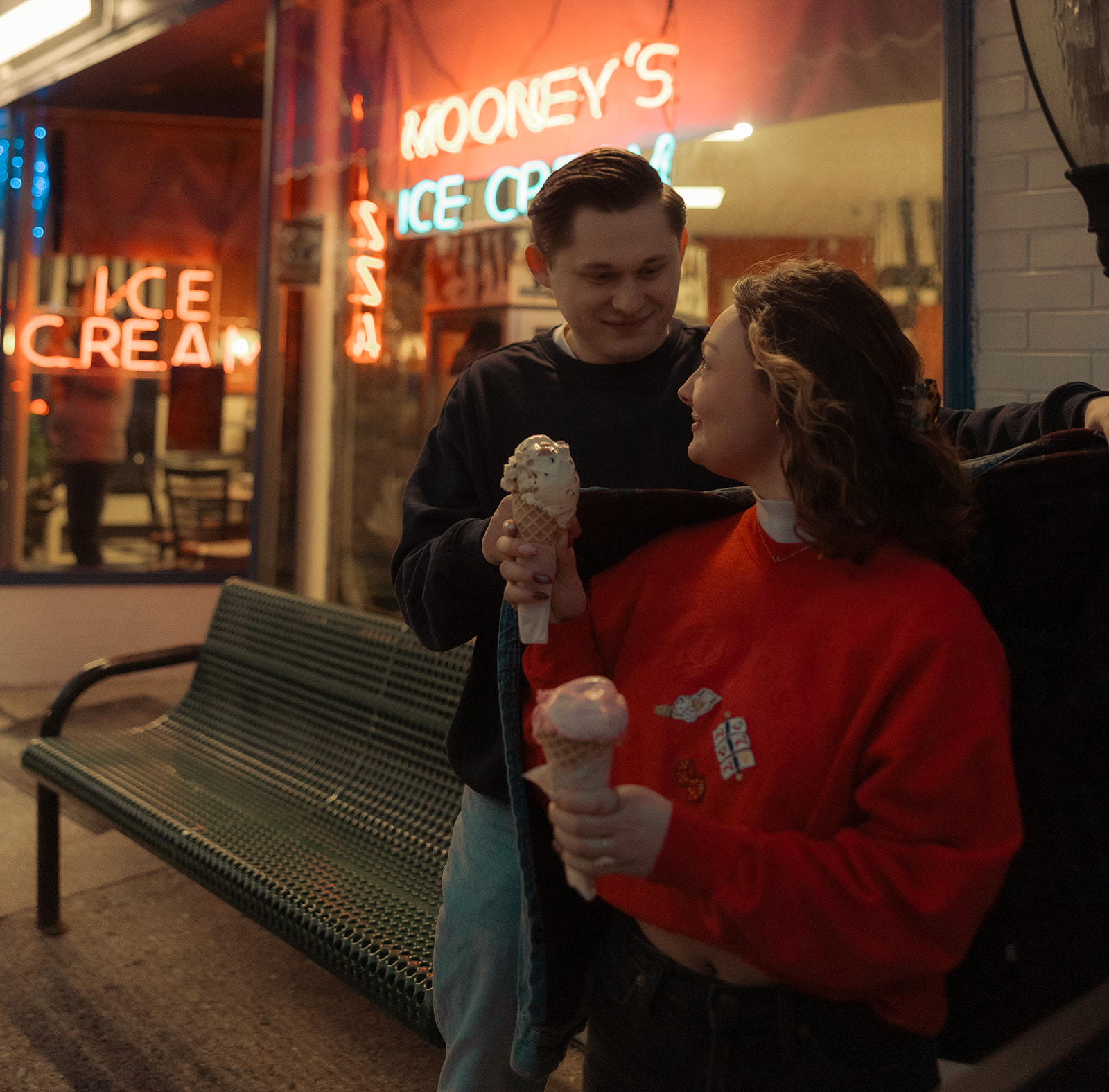 Couples ice cream shop engagement photos at Mooney's Ice Cream in Michigan