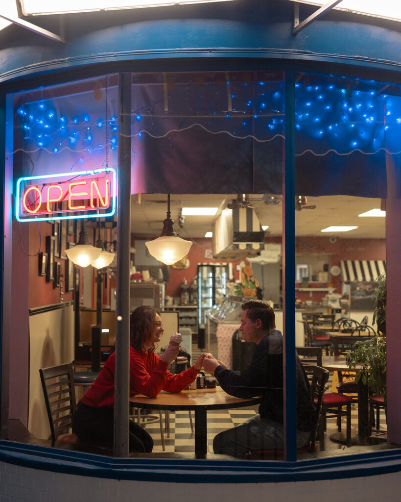 Couple eating ice cream together at a Michigan Ice Cream Shop