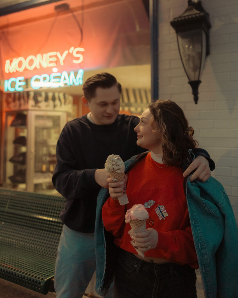 Couples ice cream shop engagement photos at Mooney's Ice Cream in Michigan