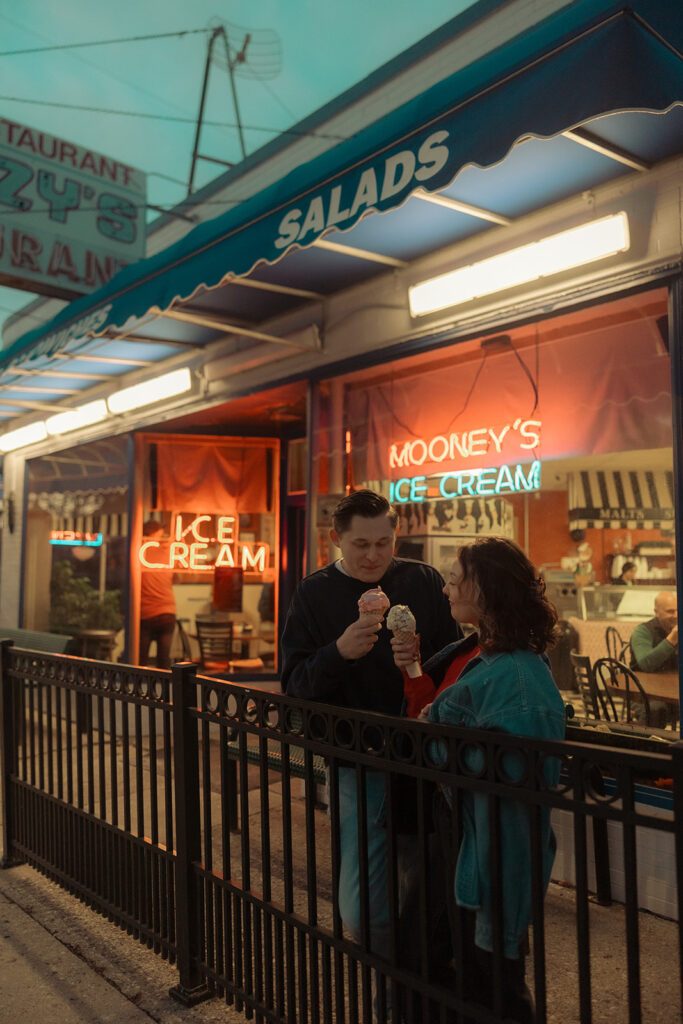 Couples ice cream shop engagement photos at Mooney's Ice Cream in Michigan