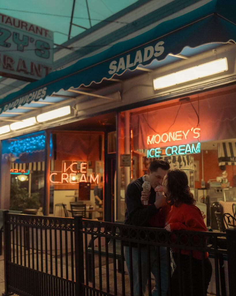 Couples ice cream shop engagement photos at Mooney's Ice Cream in Michigan