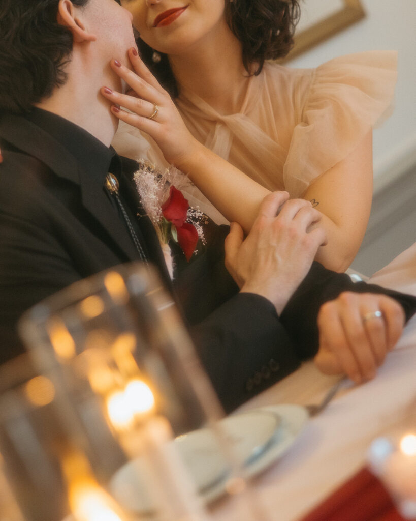 Bride and grooms intimate and romantic elopement photos during their elopement reception