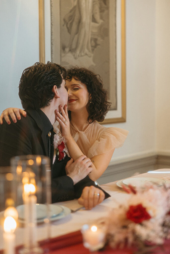 Bride and grooms intimate and romantic elopement photos during their elopement reception