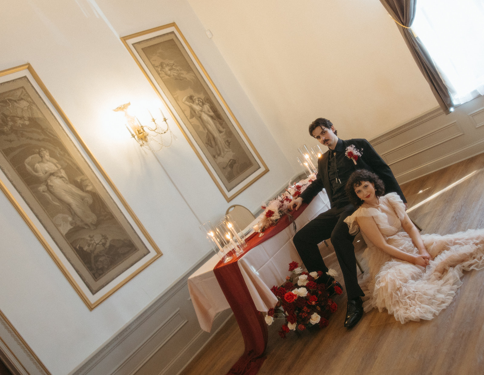 Bride and groom posing during their intimate Grand Rapids, Michigan elopement reception