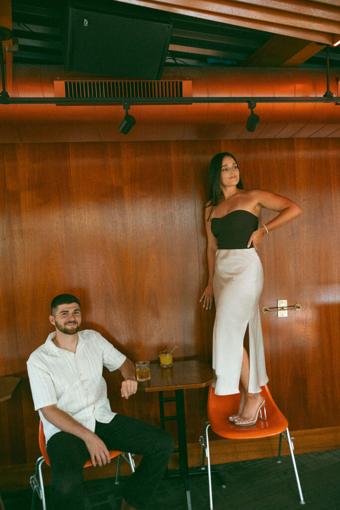 Couples editorial Detroit engagement photos at a cocktail bar