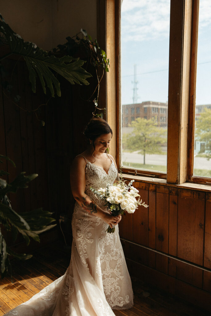 Indoor bridal portraits at Jam Handy in Detroit