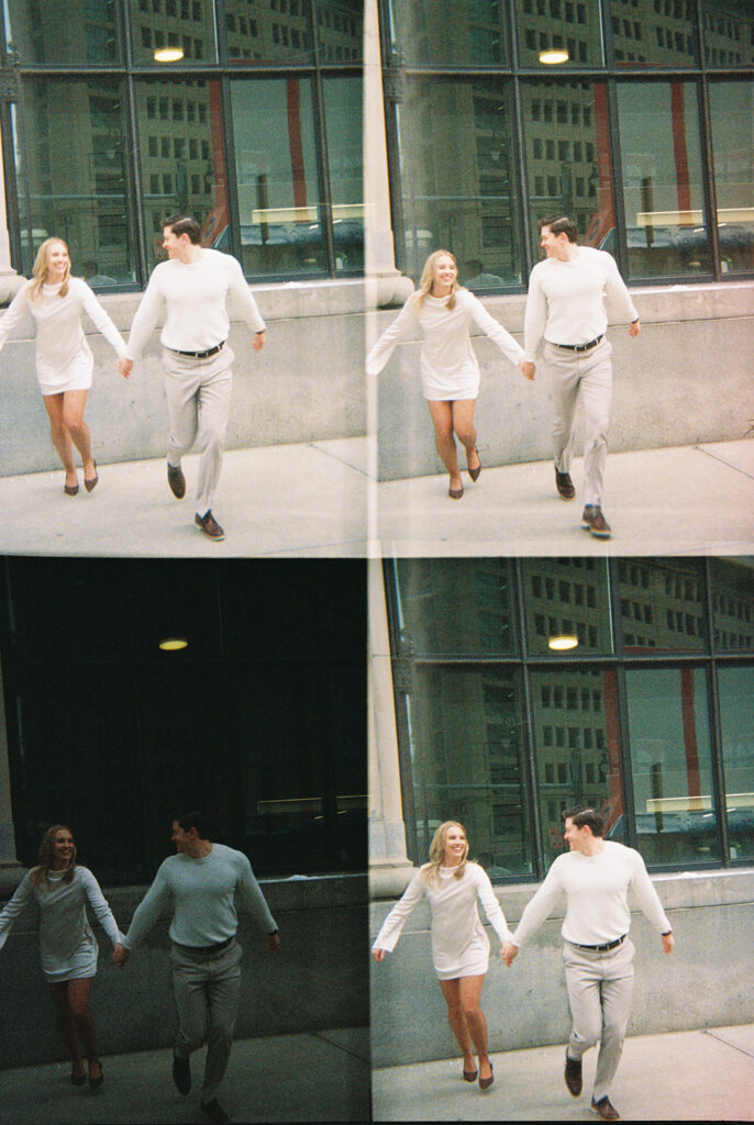 Film scan of couple running on a rooftop in downtown Detroit with light leaks and motion blur.
