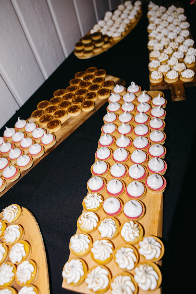 Flash photo of desserts during a Michigan wedding reception.