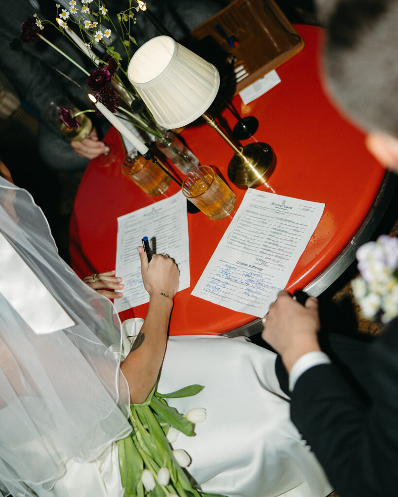 Bride and groom signing their marriage license.