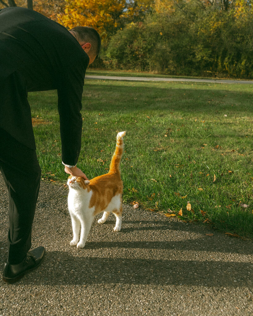 Groom leaning down to pet his cat.