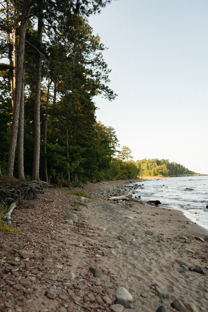 Pine trees lining the rocky Lake Superior shoreline at Little Presque Isle in Marquette, Michigan.