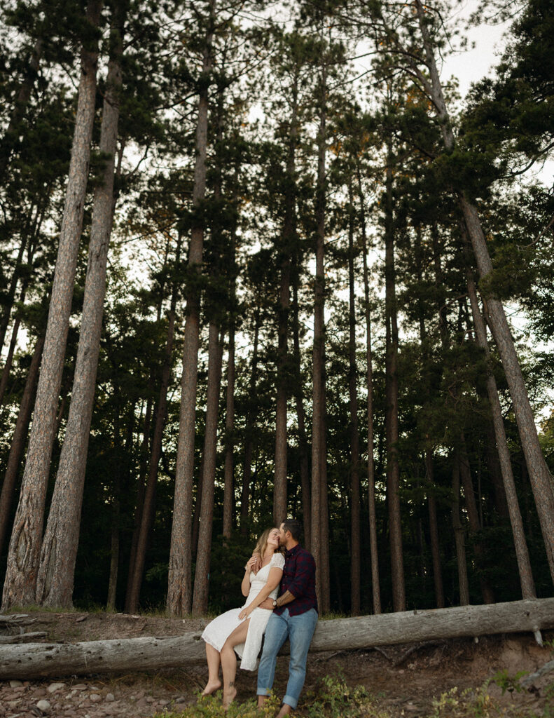 Couple sitting on a fallen tree during their Marquette Michigan engagement photos at Little Presque Isle.